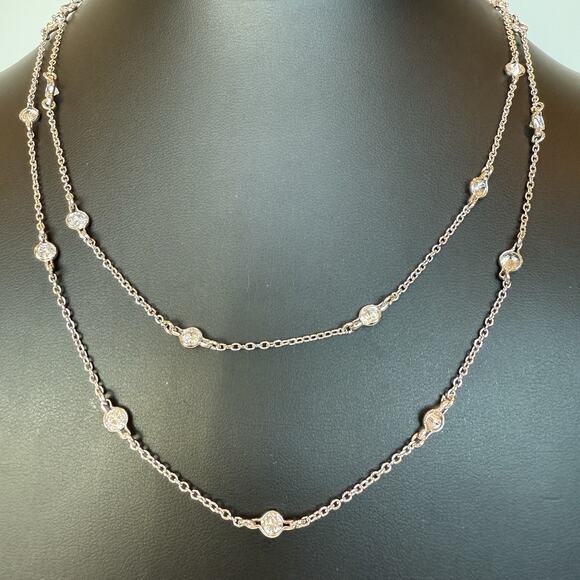 Elegant Sterling Silver 925 Chain With 25 Round CZ Station Set Stones. 36” Long - Picture 1 of 5